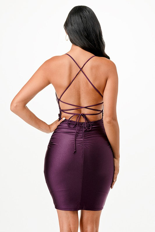 Bella Shirred Waist Lace-Up Back Cocktail Dress - cropped, lace - view 56