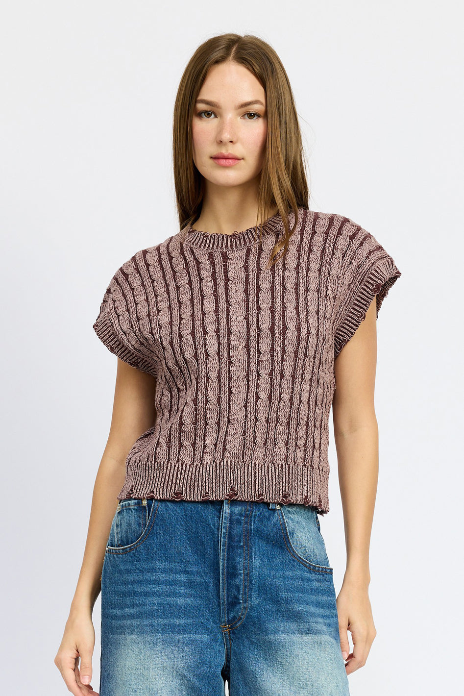 Bellamy Cable Knit Short Sleeve Sweater Top in BURGUNDY COMBO - crew neck, cropped - front view