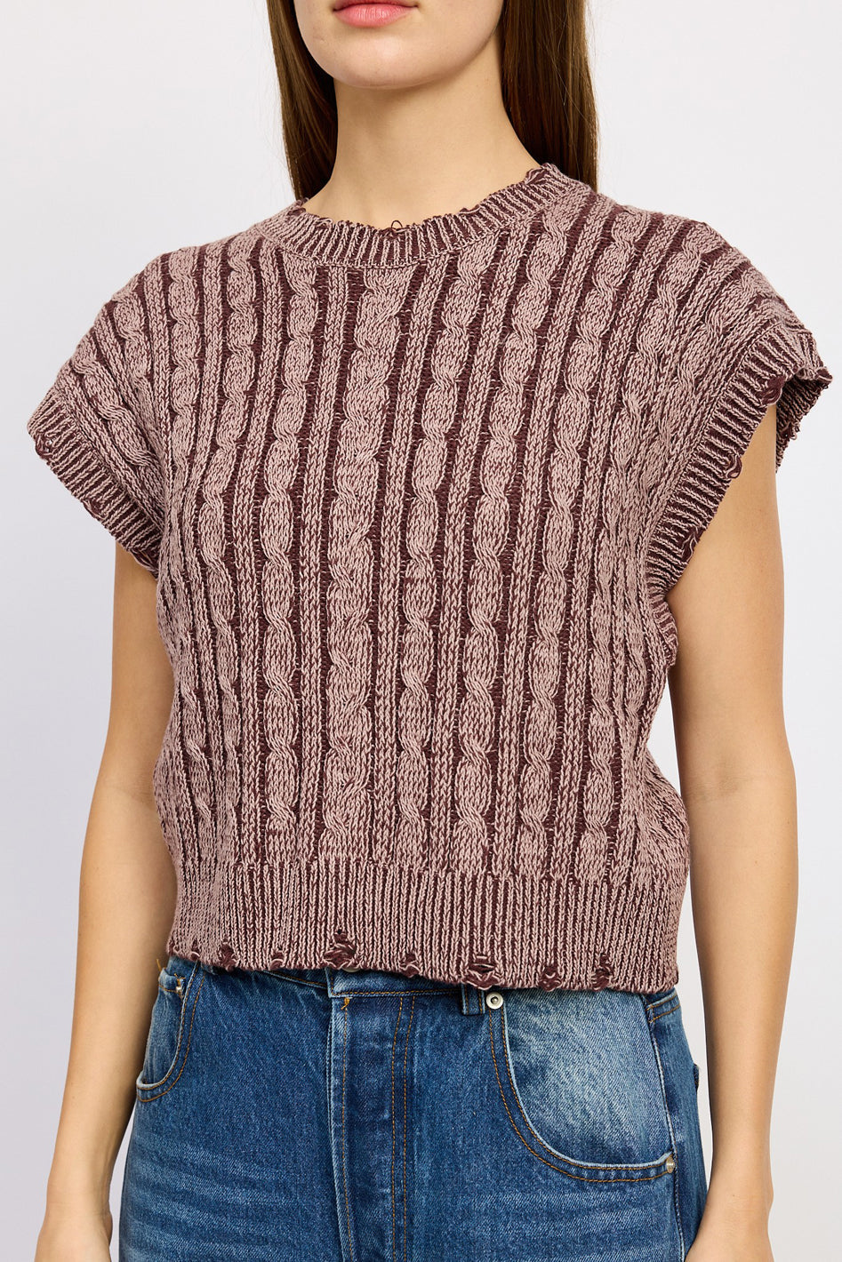 Bellamy Cable Knit Short Sleeve Sweater Top in BURGUNDY COMBO - crew neck, cropped - alternate view