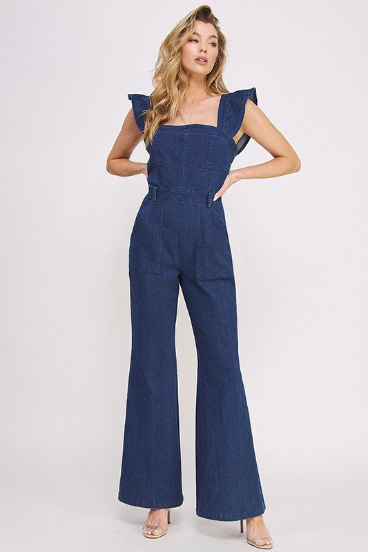 Bellamy Sweetheart Ruffle Denim Flare Jumpsuit in DENIM - button front, mini - alternate view