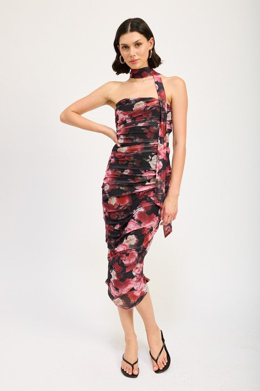 Bellflower Shirred Mini Dress With Detachable Scarf in BLACK RED FLORAL - midi, mini - front view