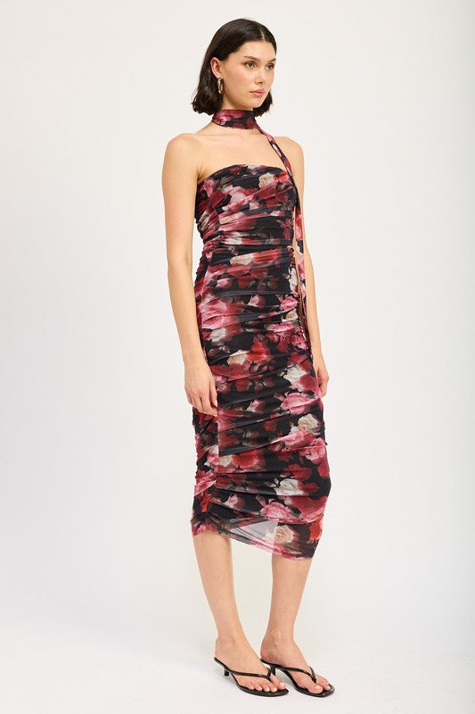 Bellflower Shirred Mini Dress With Detachable Scarf in BLACK RED FLORAL - midi, mini - view 5