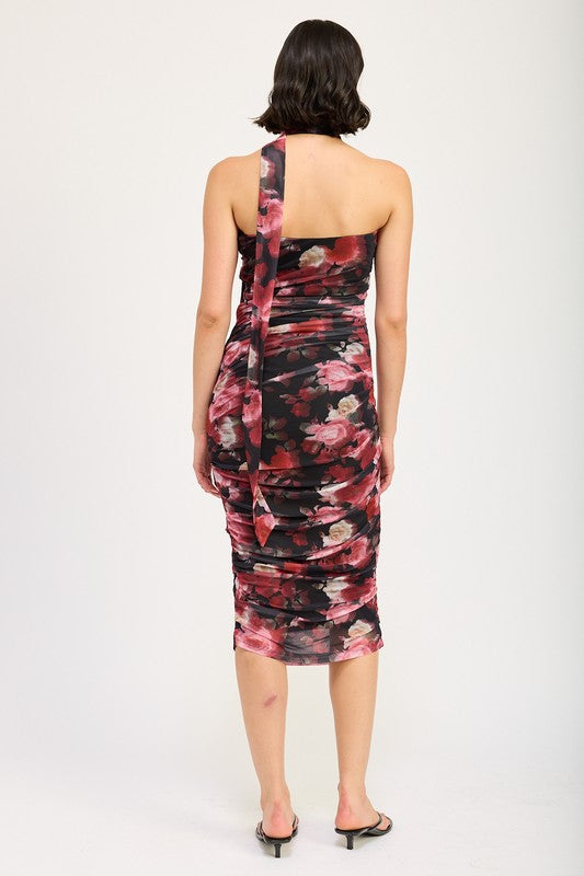 Bellflower Shirred Mini Dress With Detachable Scarf in BLACK RED FLORAL - midi, mini - view 9