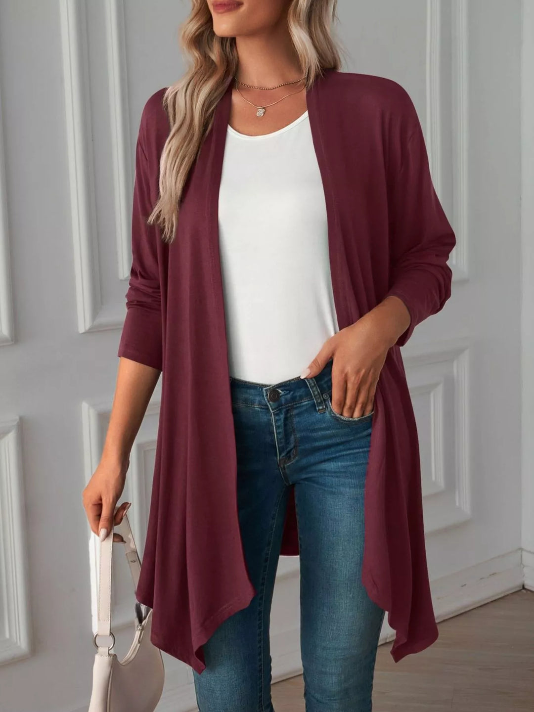Burgundy Lightweight open front cardigan with draped waterfall hem