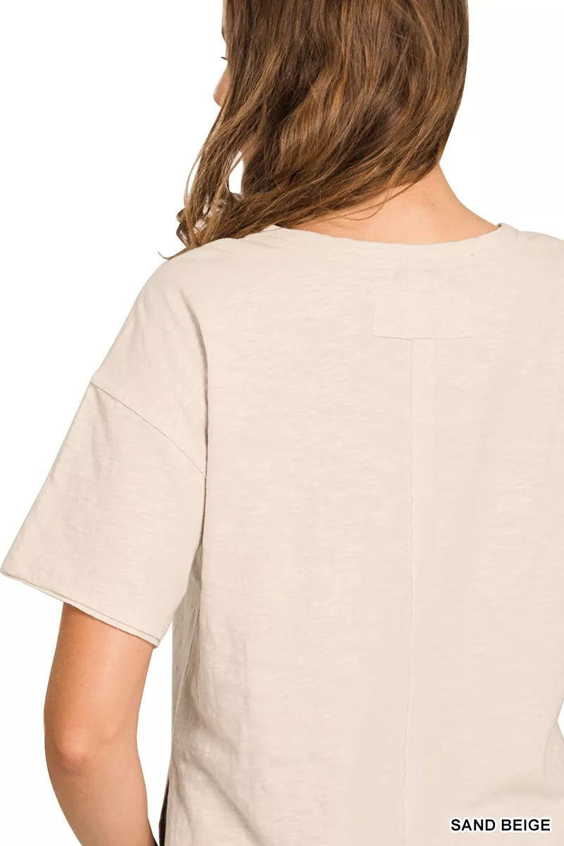Slub knit short sleeve crew neck tee with raw hem