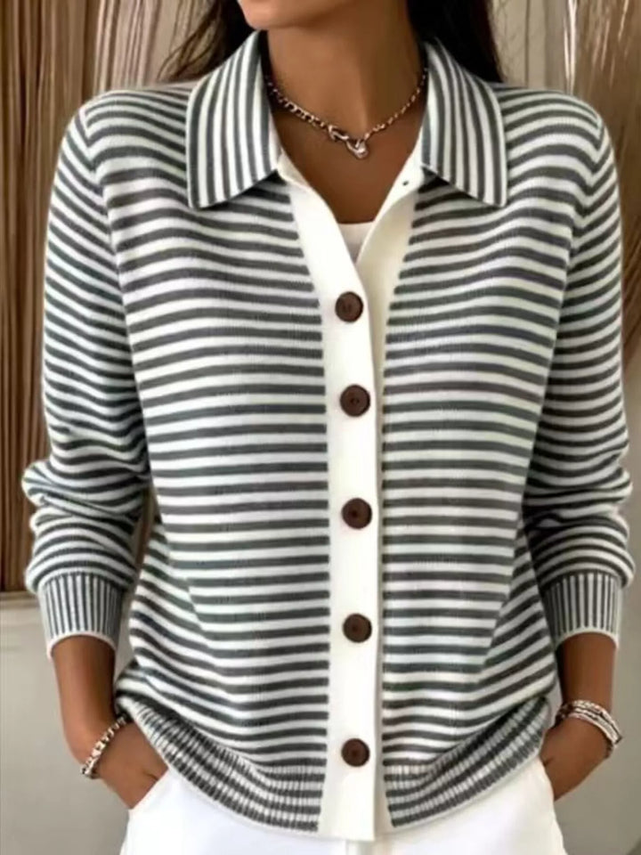 Black Striped button-down knit cardigan with pointed collar