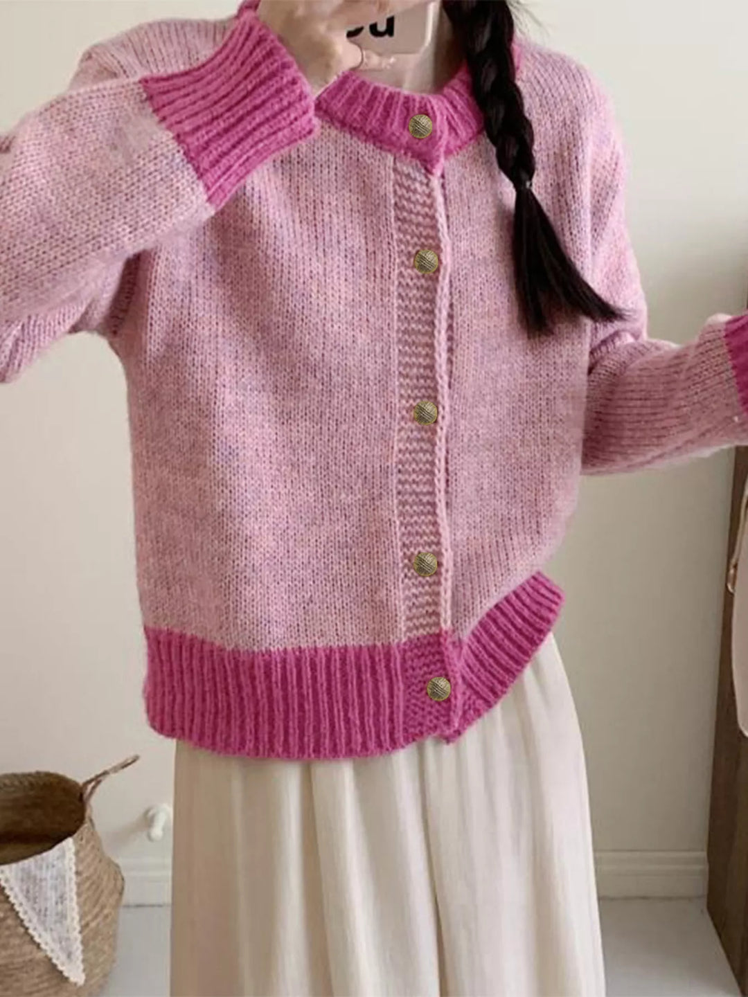 Color-block ribbed knit cardigan with gold buttons