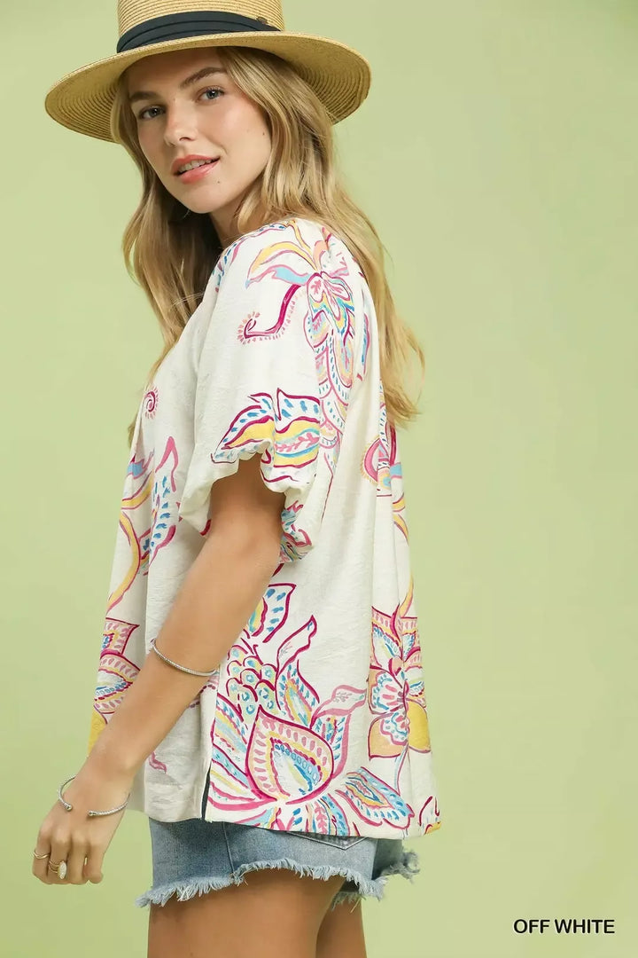 Boxy paisley print puff sleeve top with side slits