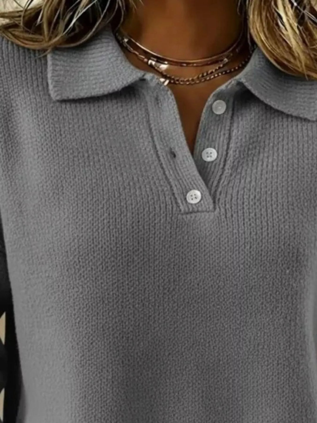 Dropped shoulder polo collar button knit sweater