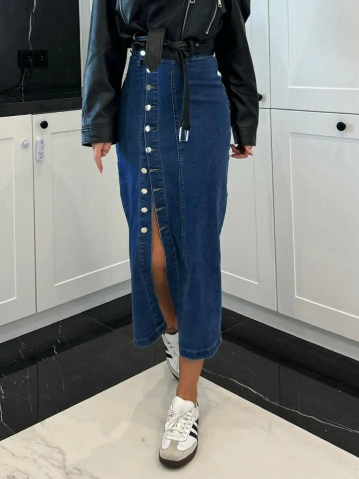 High-waist front-button slit midi denim skirt