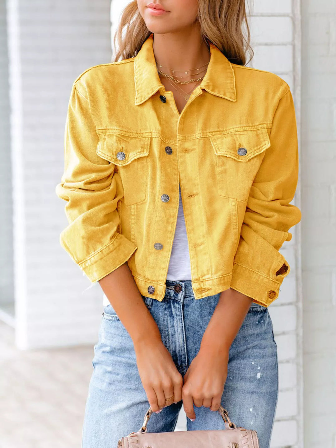 Light Yellow Cropped button-up denim jacket with chest pockets