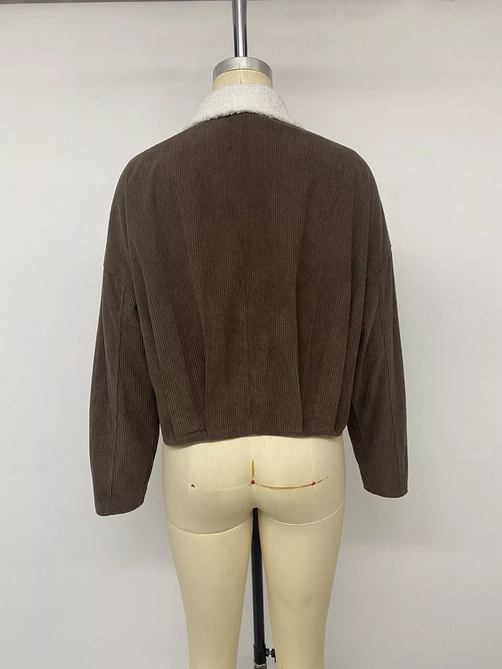 Corduroy zip-up jacket with sherpa collar and snap placket