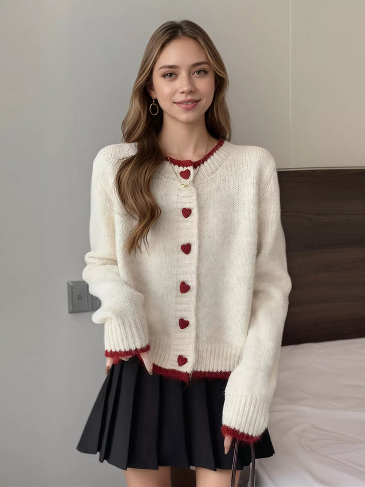 Heart button knit cardigan with contrast trim
