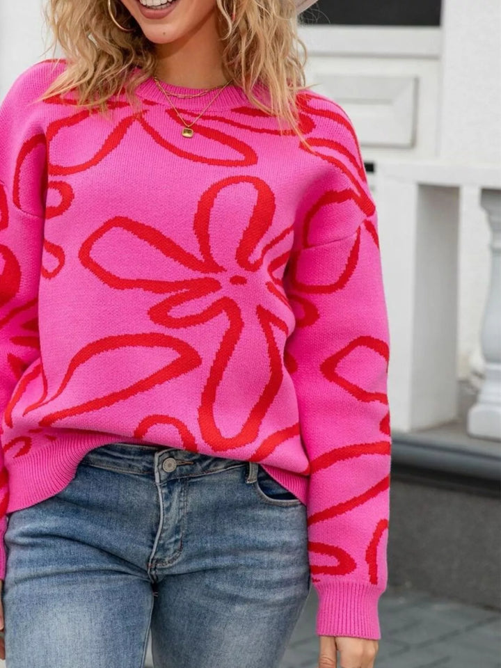 Floral print crew neck knit sweater with ribbed trim