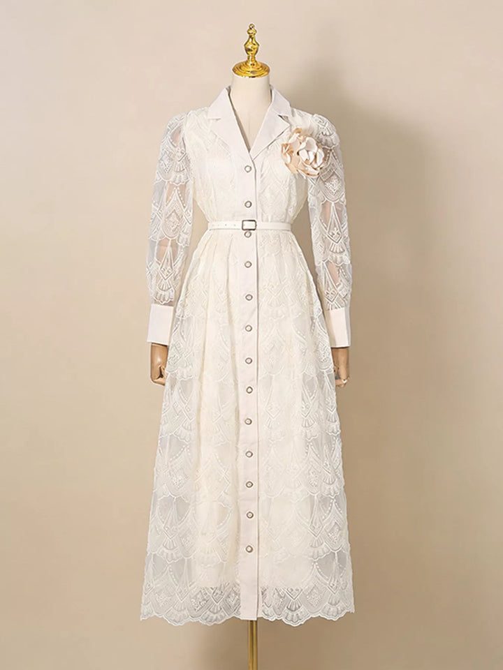 Belted lace button-front midi dress with notched collar