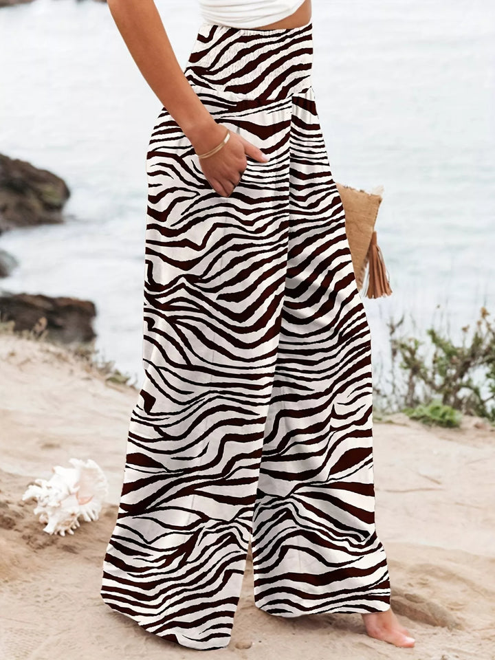 Plus size zebra print wide-leg pants with drawstring