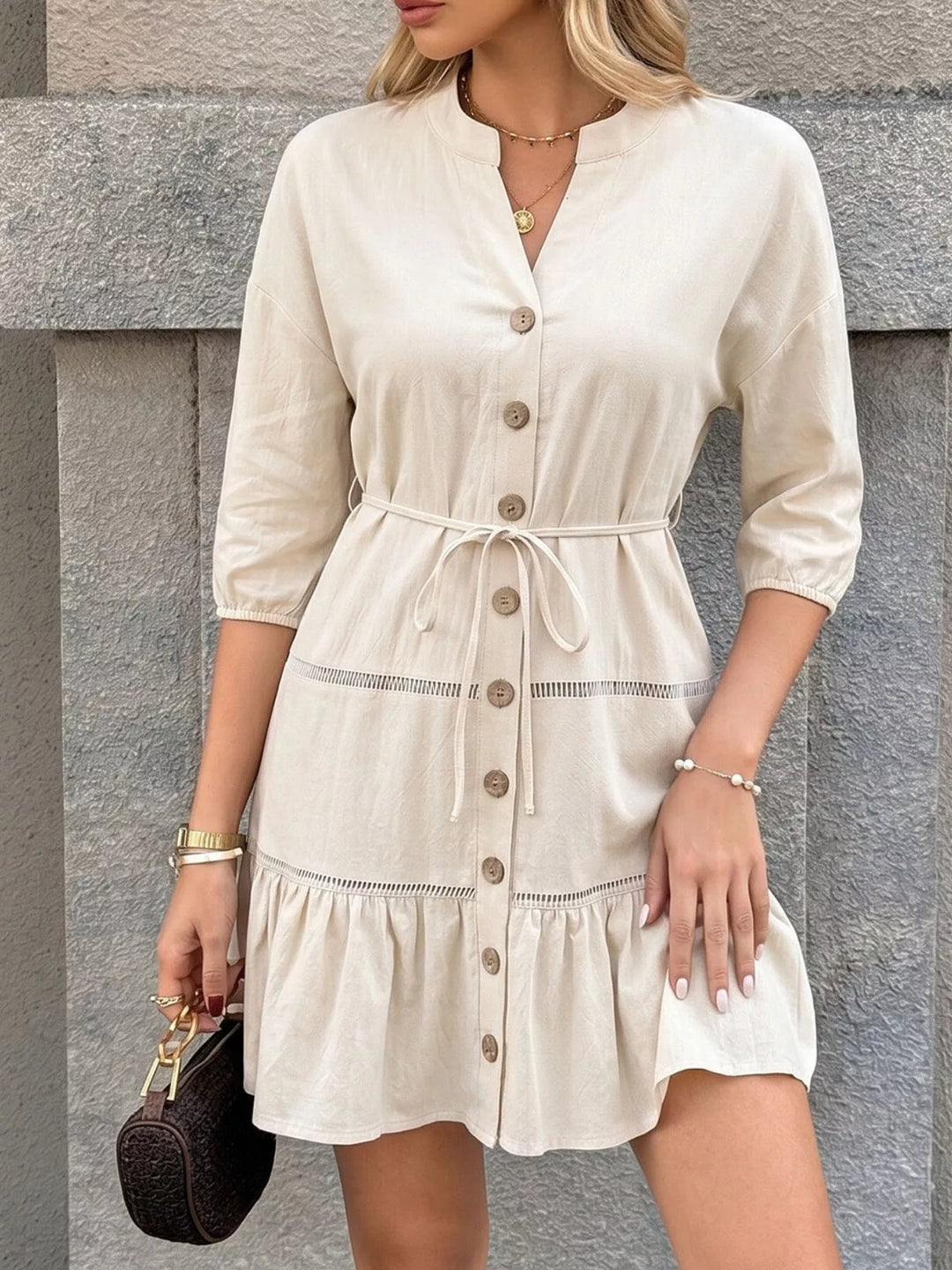 Button-front ruffle hem mini dress with tie waist