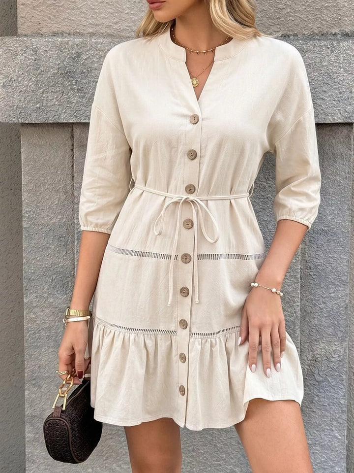 Button-front ruffle hem mini dress with tie waist