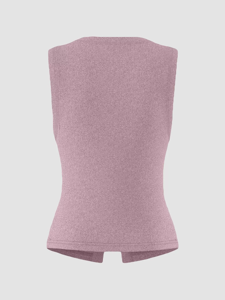 Ribbed mock-neck button-front sleeveless tank