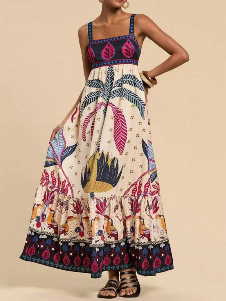 Tan Tropical folk print square neck tiered maxi dress
