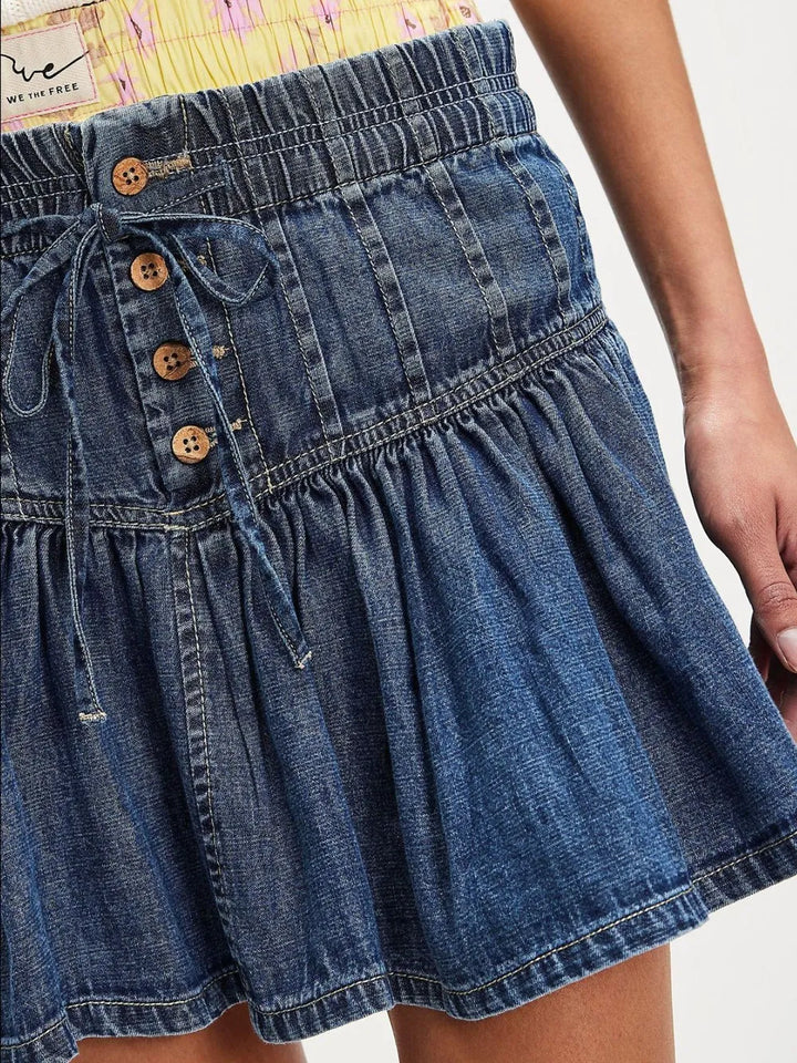 Button-front ruffled mini denim skirt with drawstring waist