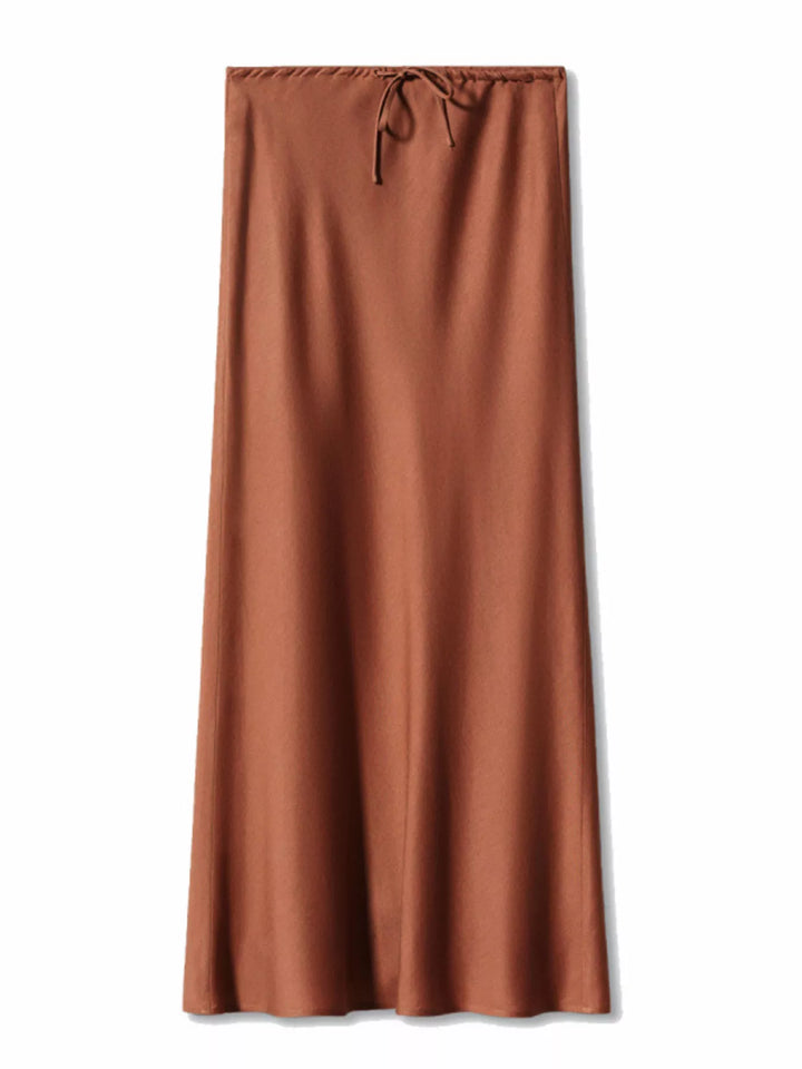 High-waist satin midi skirt with drawstring tie