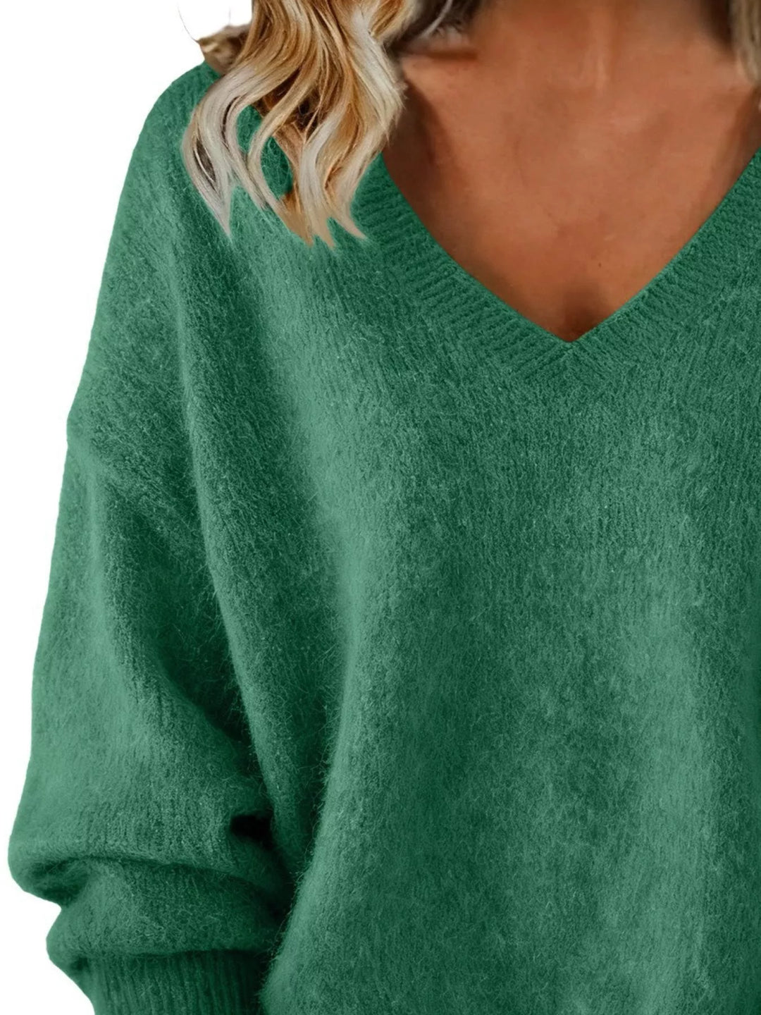 Dropped-shoulder V-neck brushed knit sweater