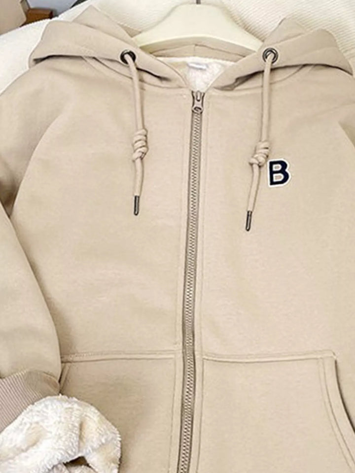 Fleece-lined zip-up hoodie with drawstring hood