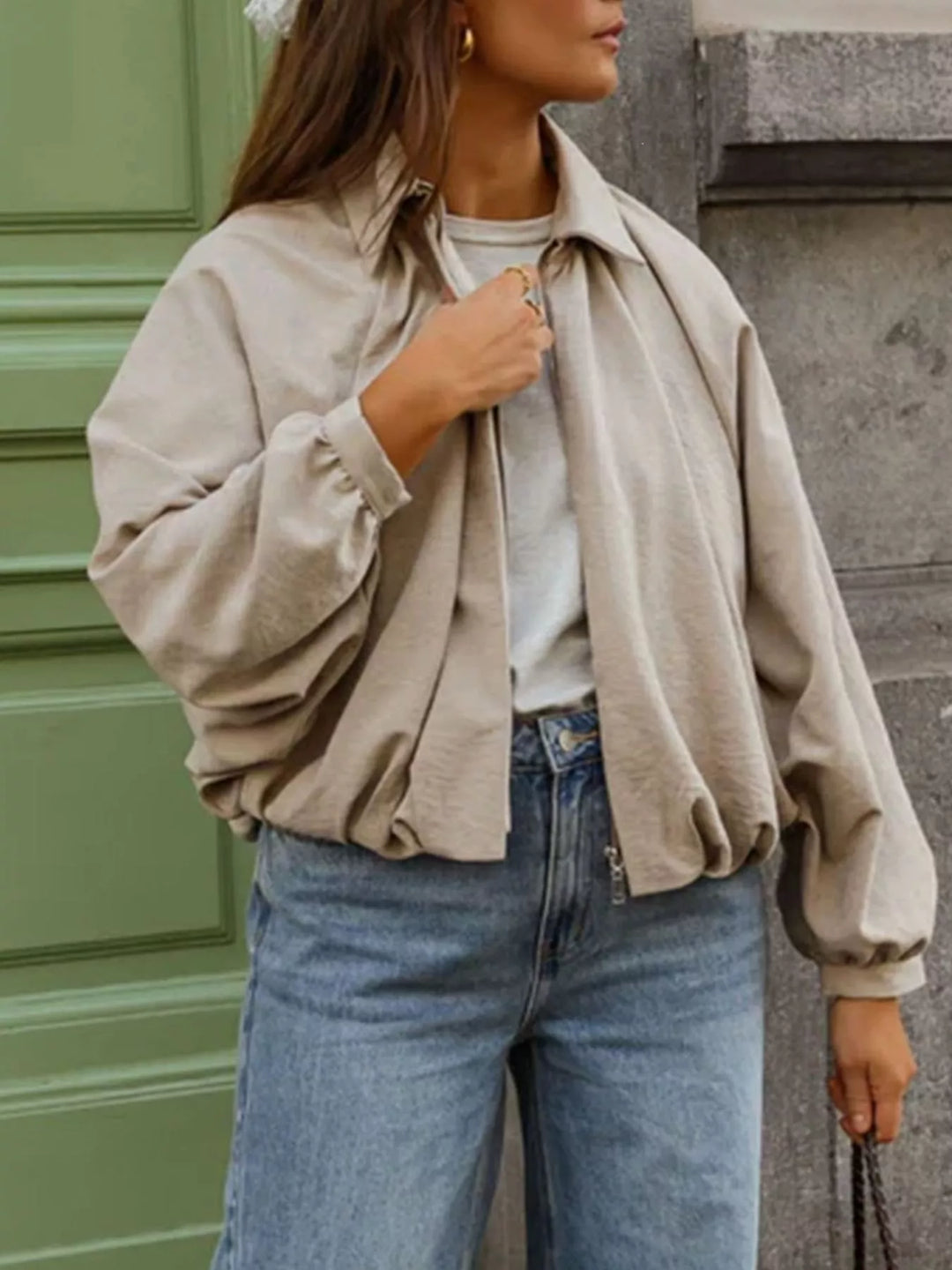 Oversized zip-up bomber jacket with collar and pockets