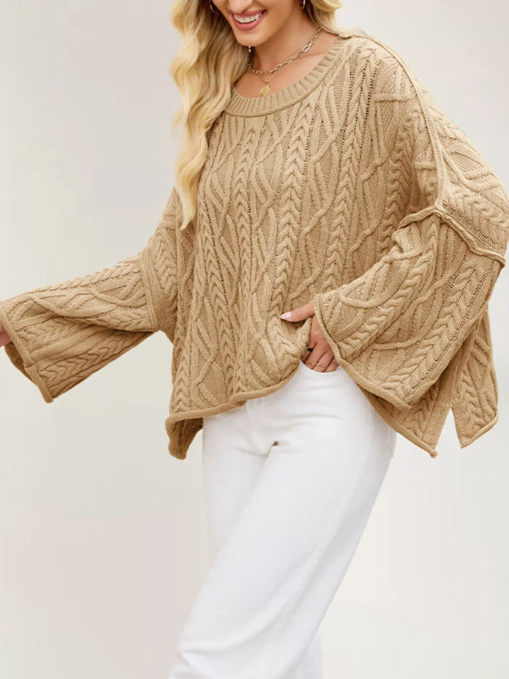 Khaki Cable knit drop shoulder oversized sweater with bell sleeves
