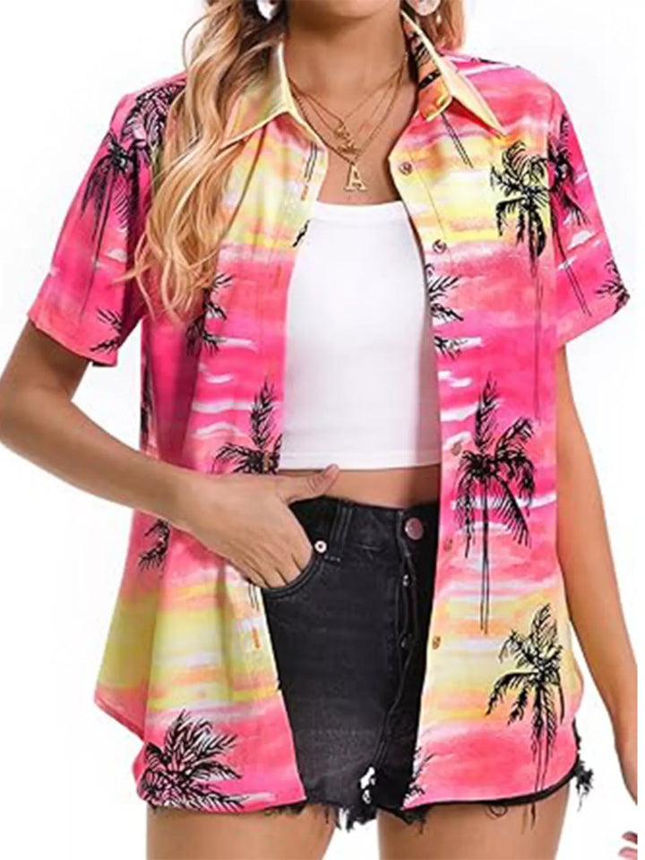 Tropical hibiscus print short sleeve button-up shirt