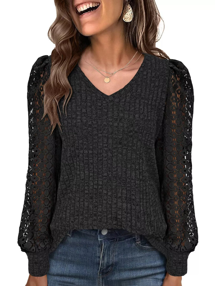 Sheer lace sleeve ribbed knit V-neck top