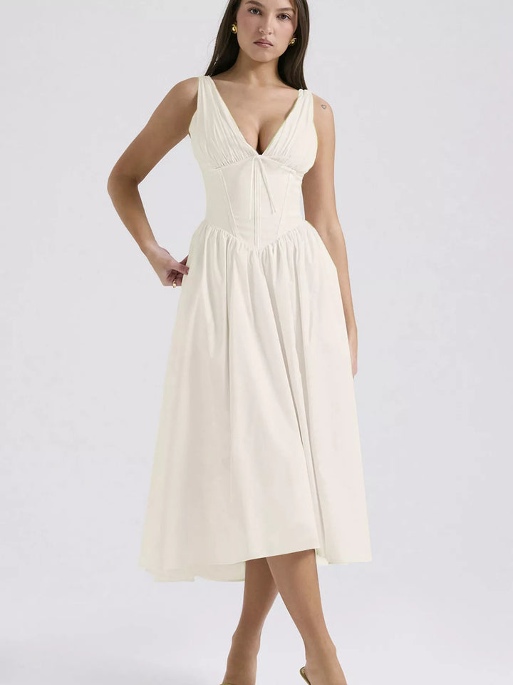 Cream Sleeveless V-neck midi dress with fitted bodice and pockets
