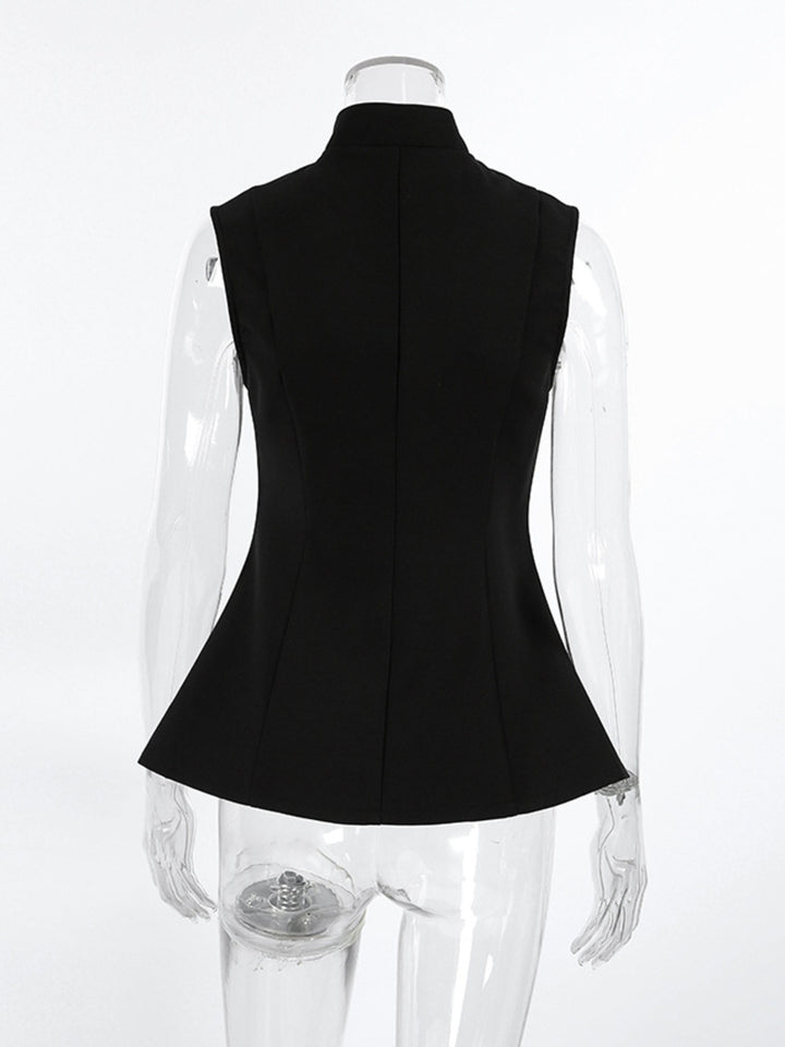 Stand collar sleeveless button-front vest with split hem