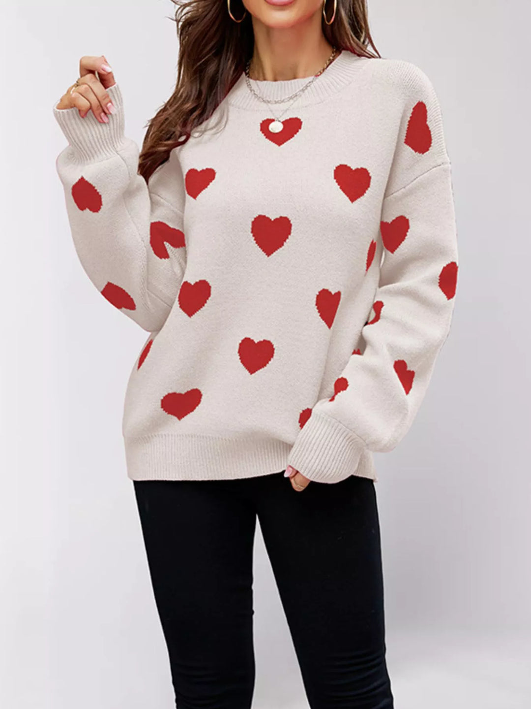 Red Apricot Heart print drop shoulder crew neck knit sweater