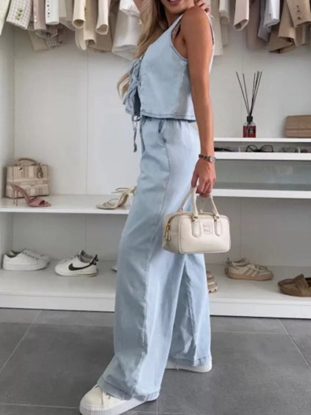 Tie-front denim vest and wide-leg pants set