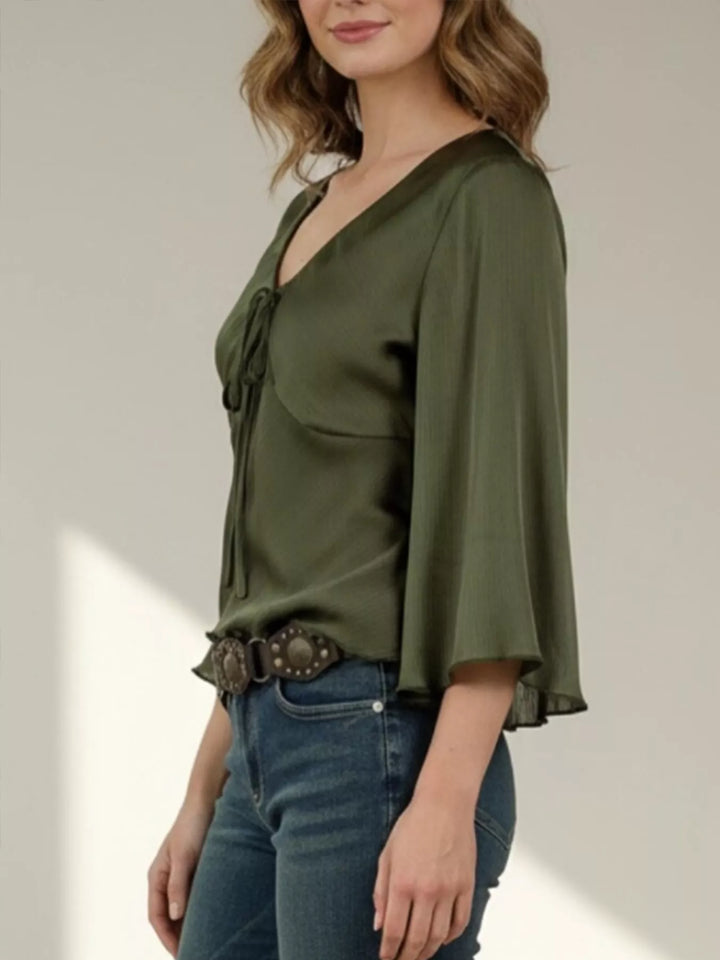 Satin tie-front blouse with bell sleeves and V-neck