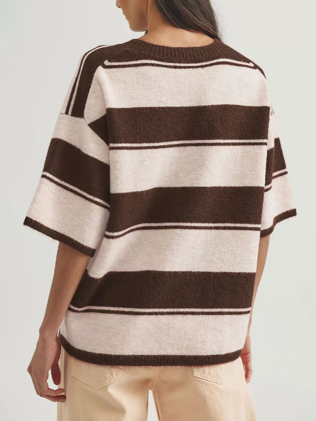 Striped short sleeve knit sweater with ribbed trim