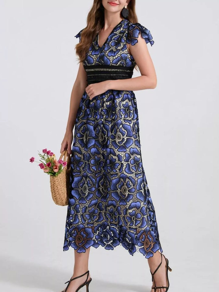 Embroidered floral lace V-neck midi dress with flutter sleeves