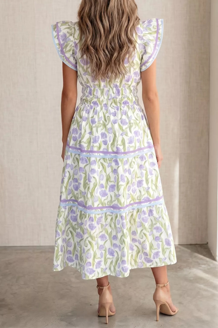 Tiered floral print midi dress with flutter sleeves and contrast trim