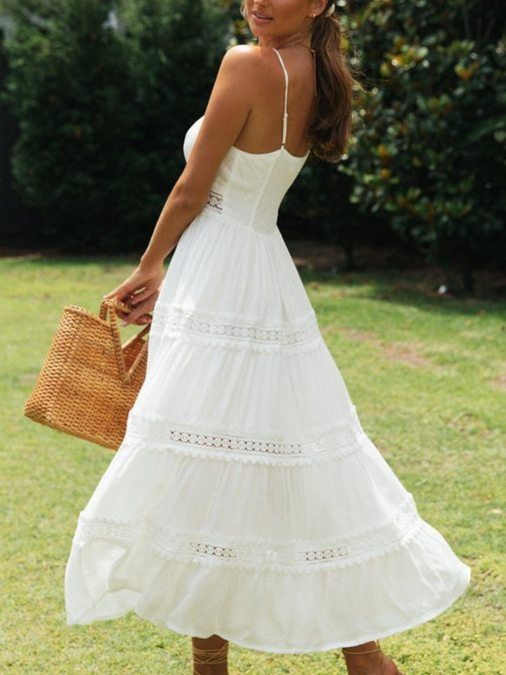 Lace-trim tiered midi cami dress with tie front