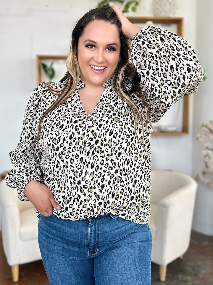Leopard print button-front long sleeve tunic blouse