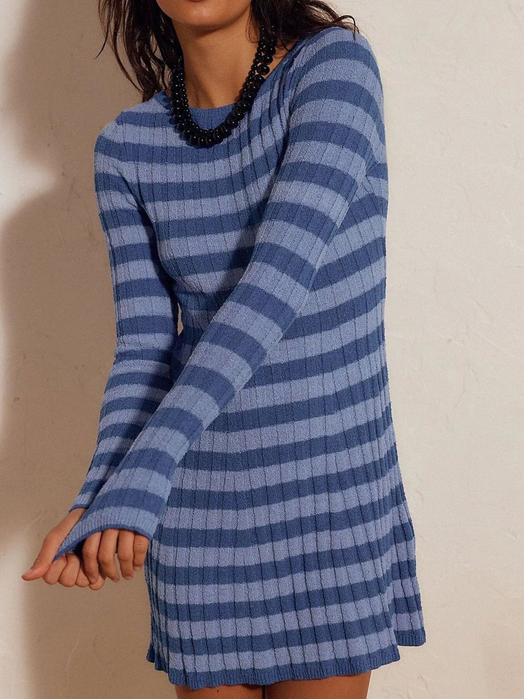 Blue Striped ribbed knit long sleeve mini sweater dress