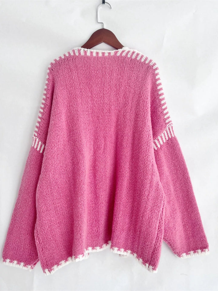 Contrast whipstitch trim open front knit cardigan