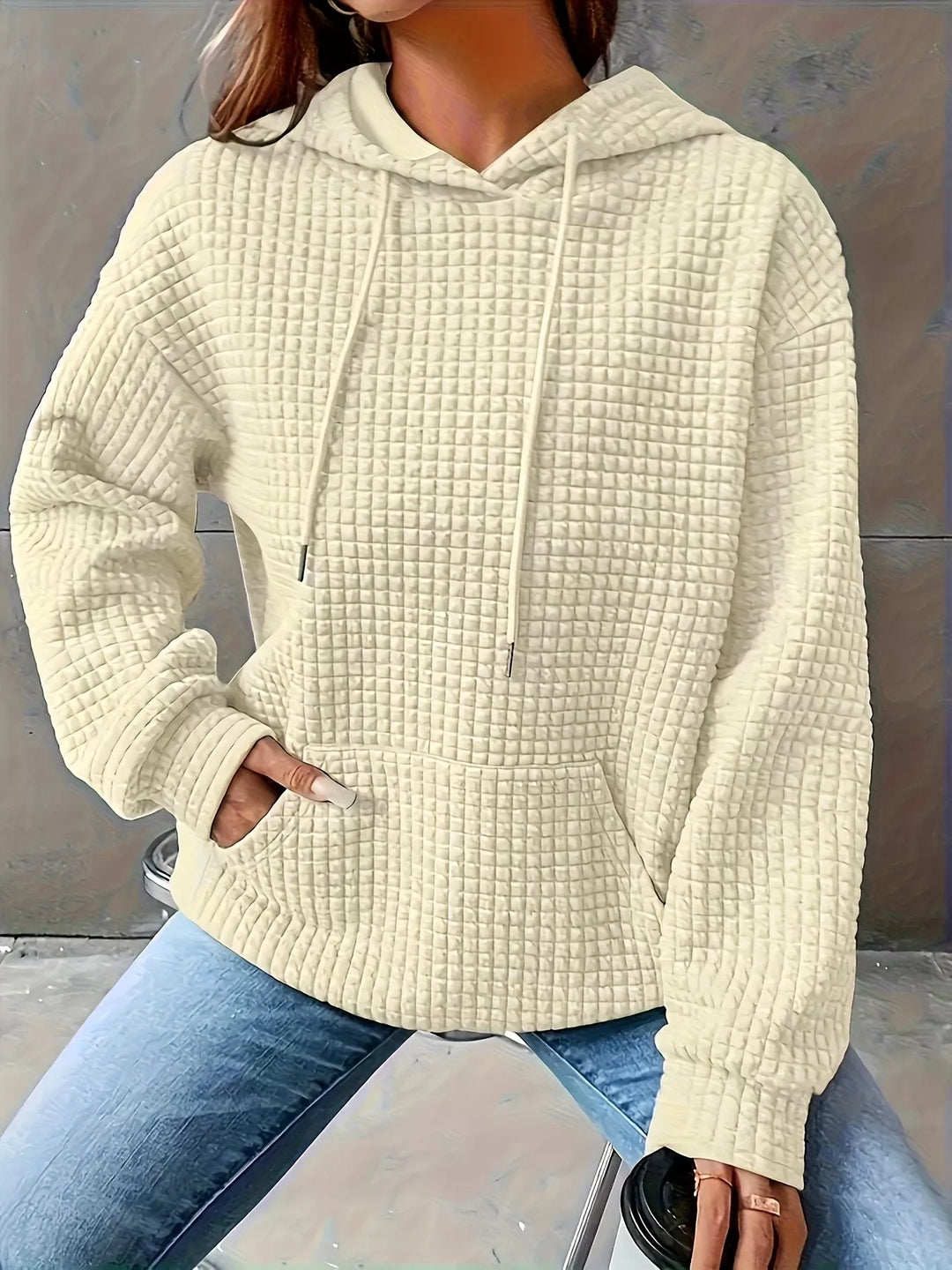 Apricot Textured waffle knit drawstring hoodie with kangaroo pocket