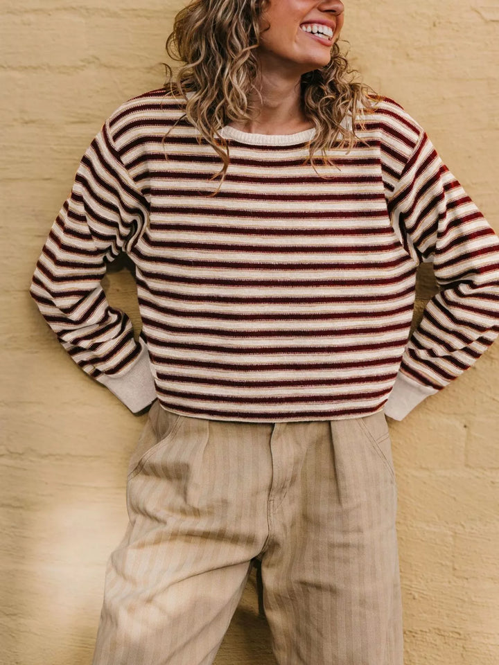 Apricot Striped ribbed knit crew neck sweater with drop shoulders