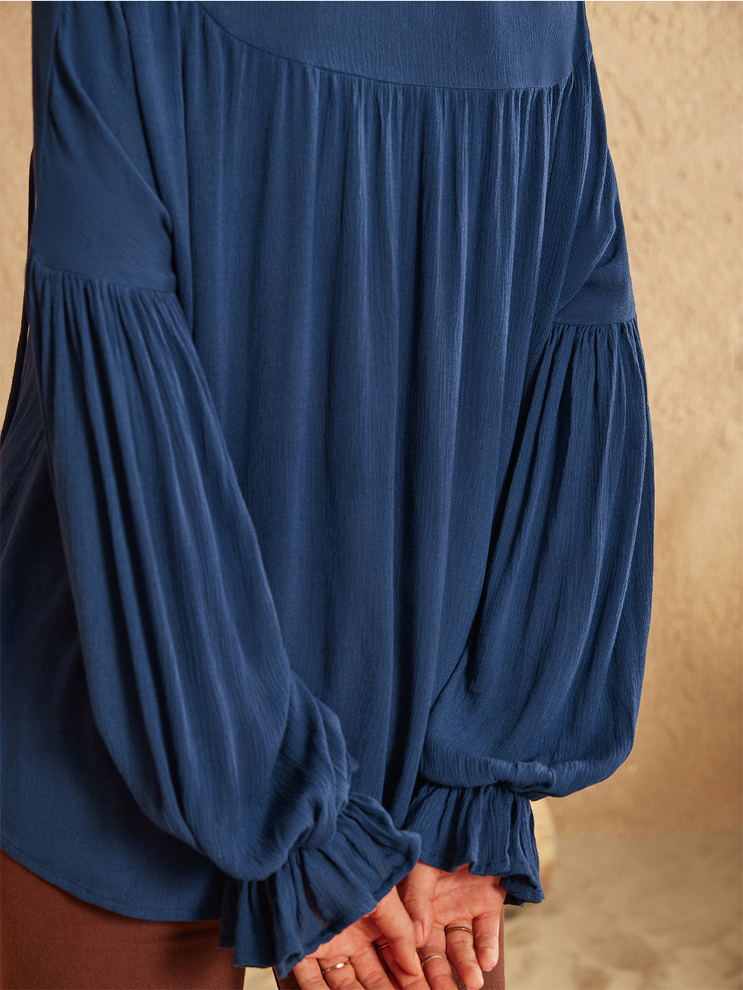 Tie neck balloon sleeve blouse with split V-neck