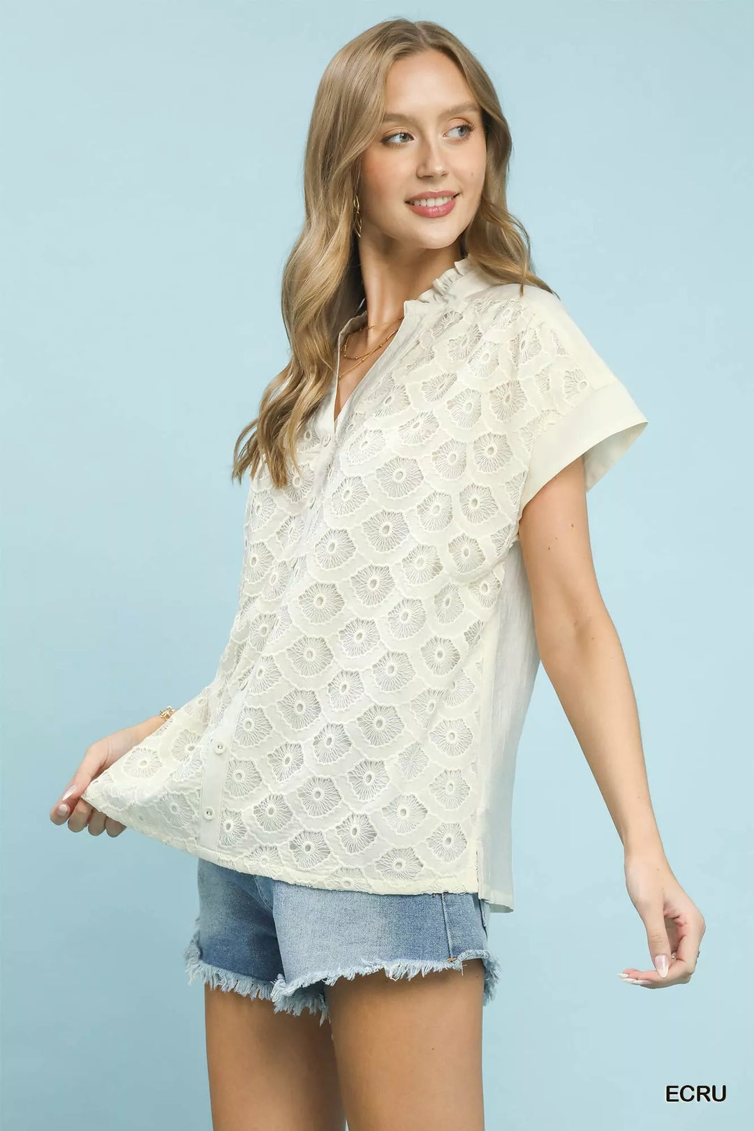 Floral eyelet lace button-front cap sleeve top
