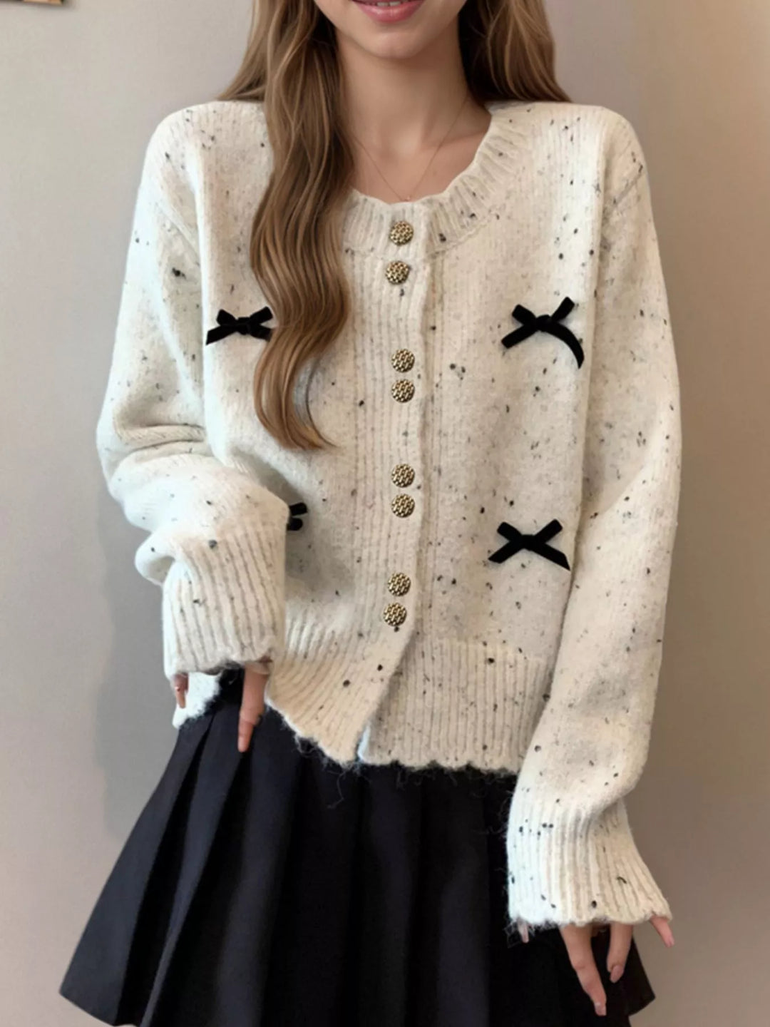 White Bow-trim speckled knit cardigan with gold buttons