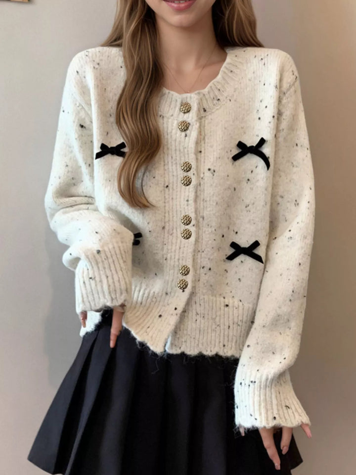White Bow-trim speckled knit cardigan with gold buttons